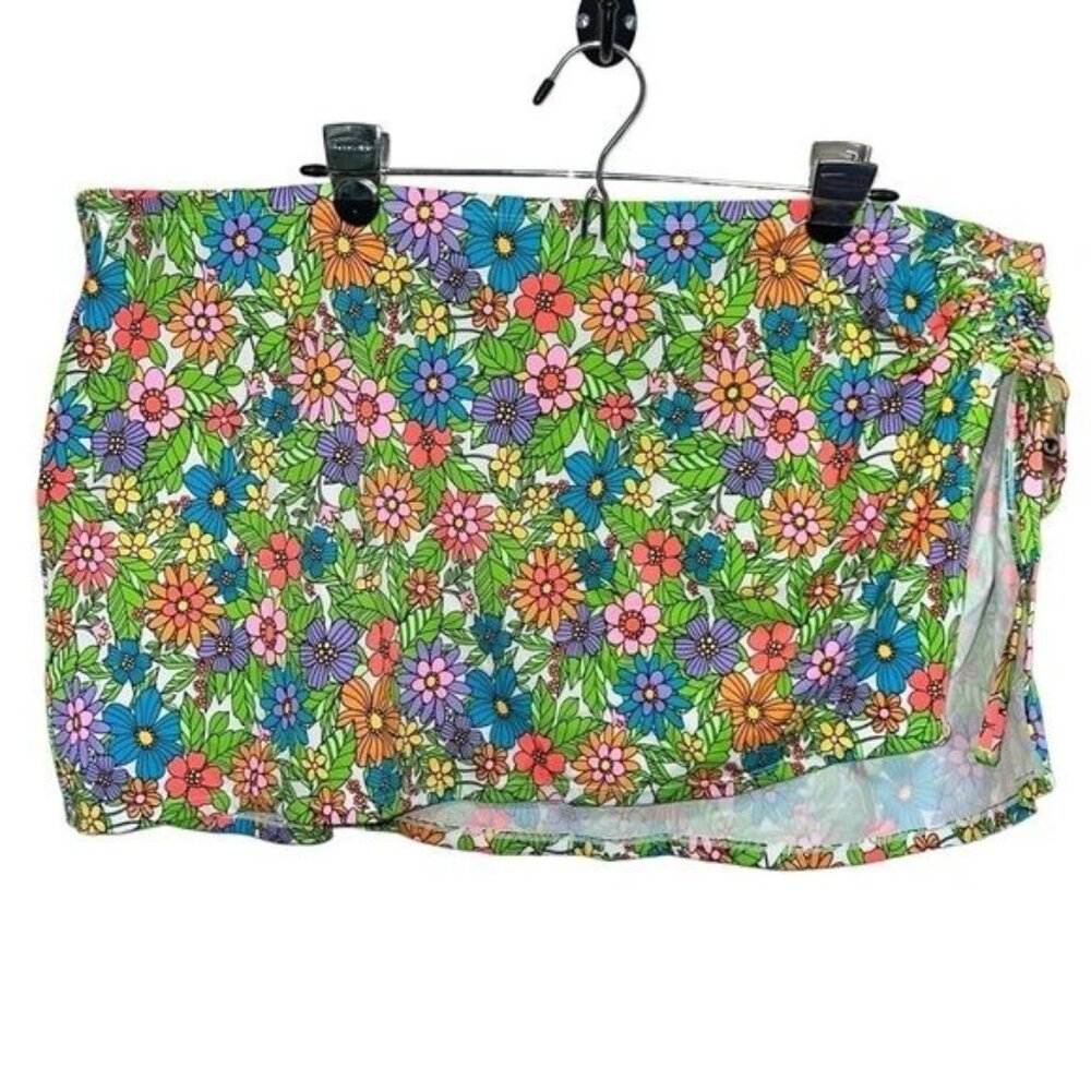 Womens Floral Swim Skirt Sarong Cover-Up Nylon/Spandex Multicolor Size 3X Adjust